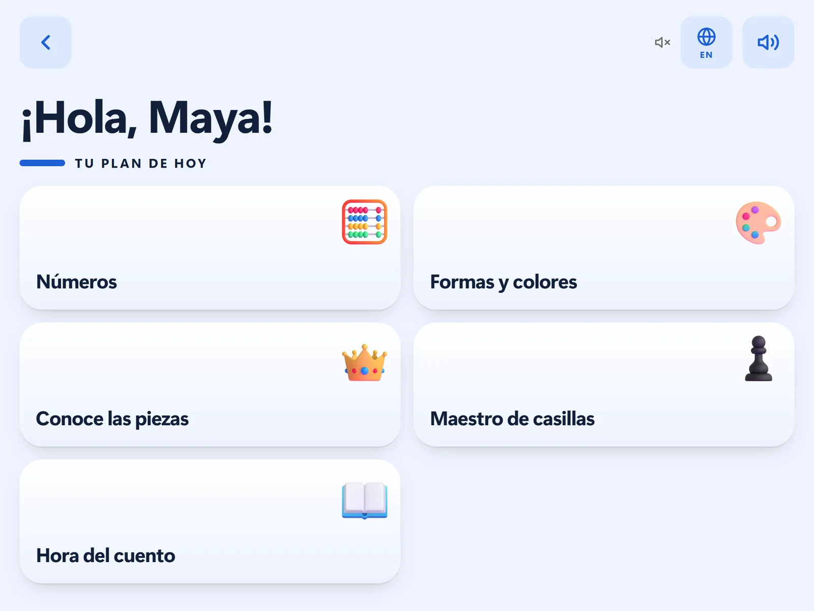 A child's home screen entirely in Spanish: ¡Hola, Maya!, Tu plan de hoy, and activities named Números, Formas y colores, and Hora del cuento.