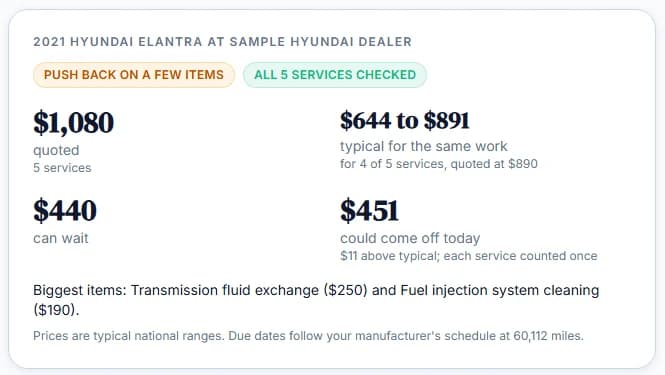 A service quote check: $1,080 quoted across five services, $644 to $891 typical for the same work, $440 can wait, $451 could come off today