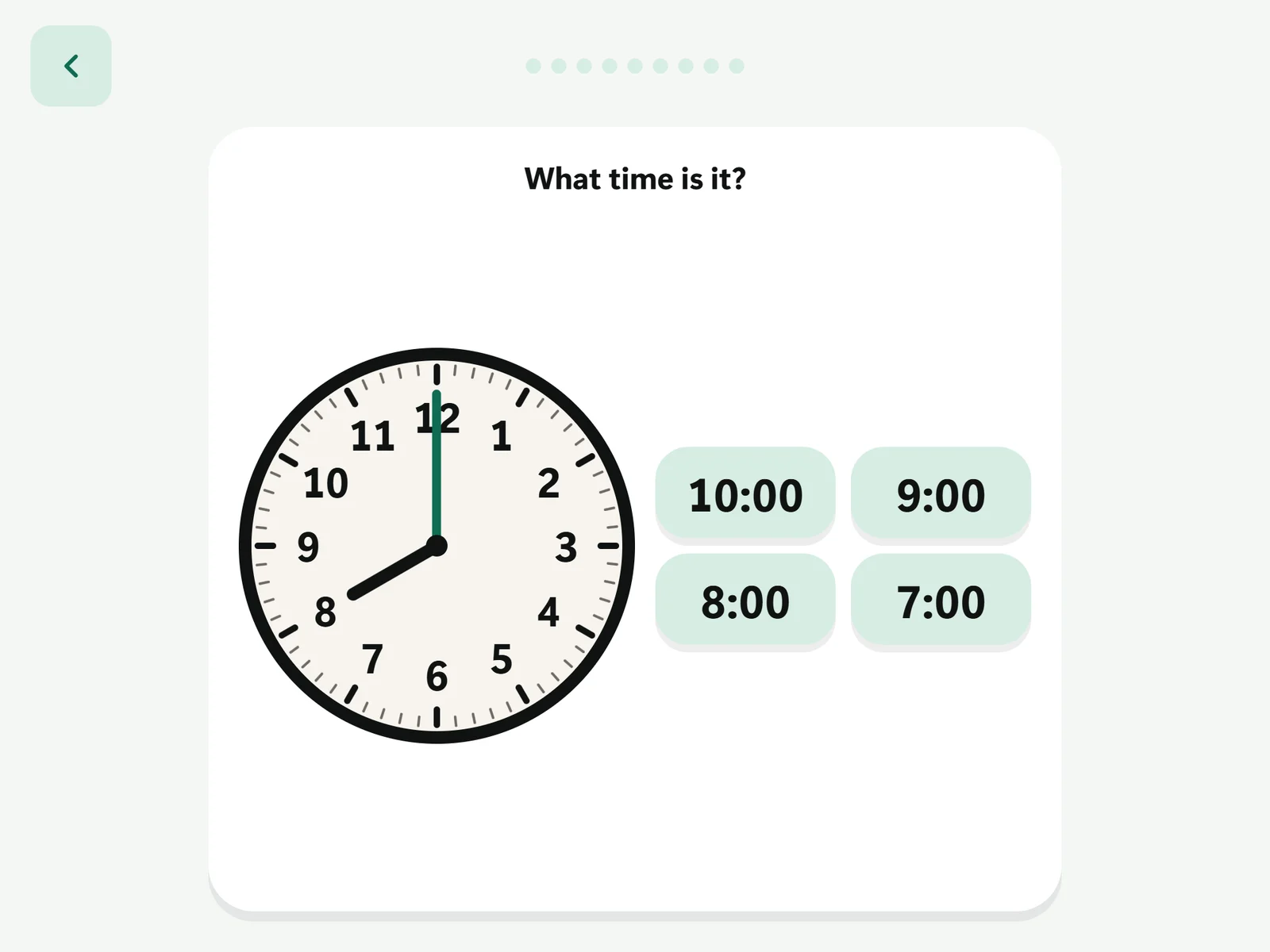 The Clock activity: a large analog clock face reading eight o'clock, with four times to choose from beside it.