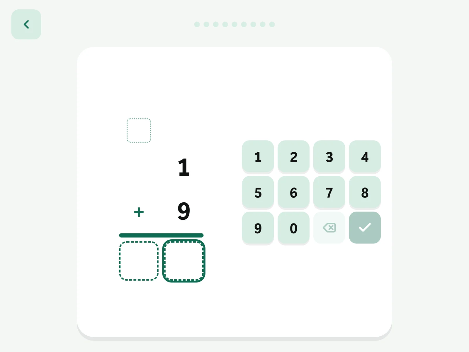 Column Math: a single-column addition problem with a number pad below it.