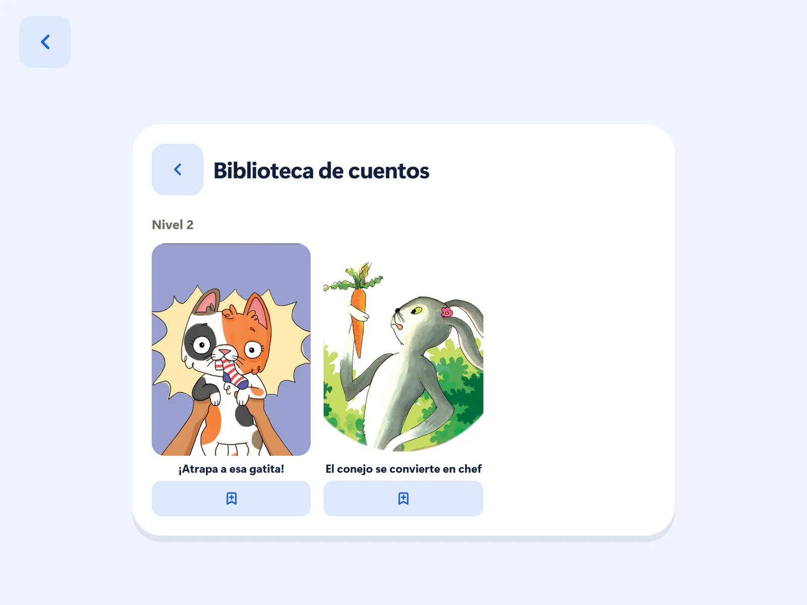 The Spanish story shelf, headed Biblioteca de cuentos, with two picture book covers.