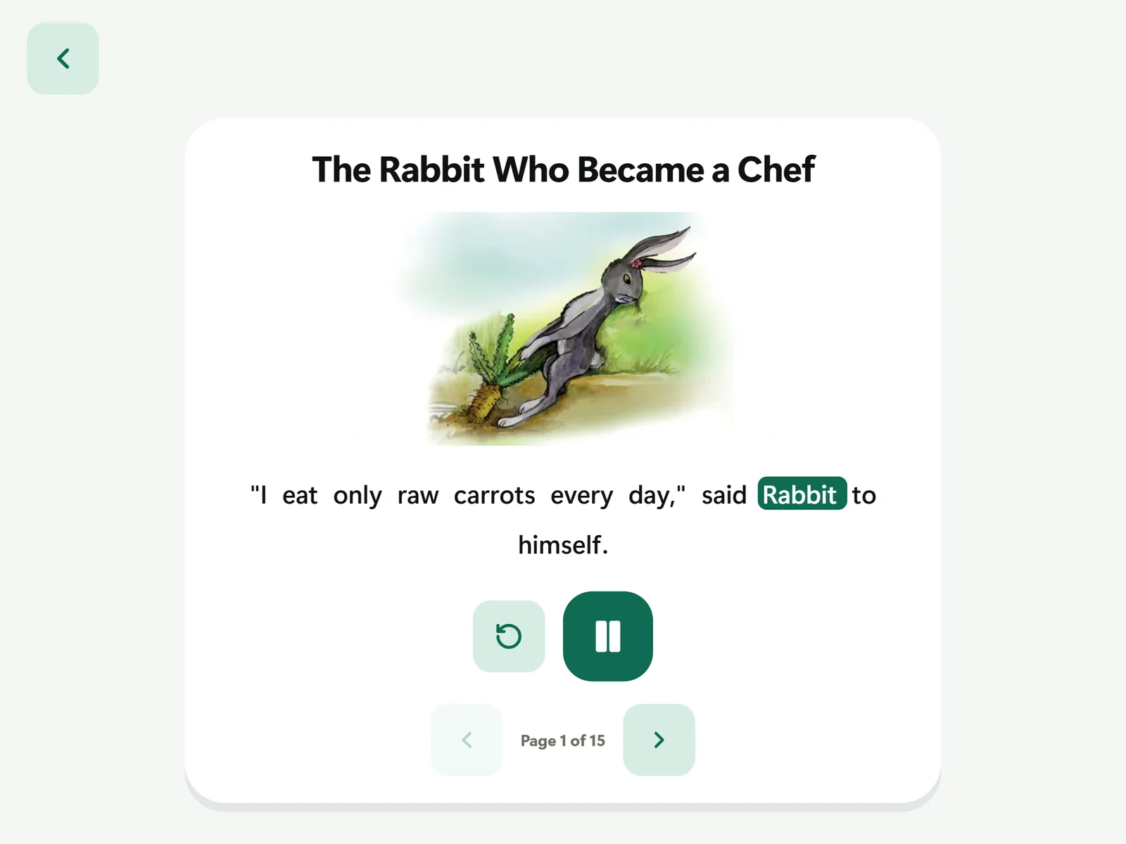 The story reader on page one of The Rabbit Who Became a Chef, with the illustration above the sentence and the word being spoken highlighted.